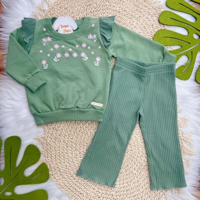 Conj. Casaco Floral de Moletom com Babadinhos e Calça Ribana Flare - Verde